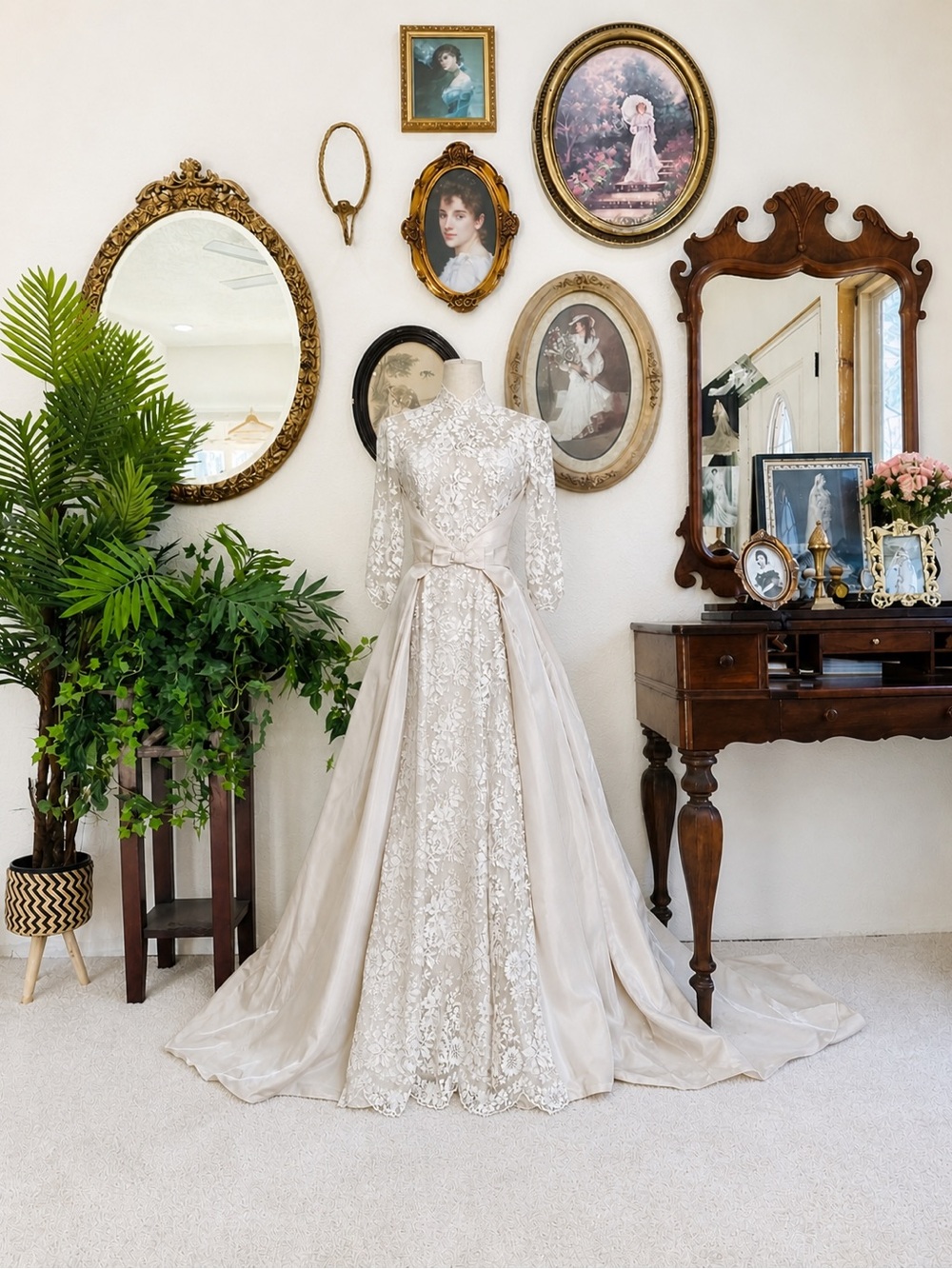 Elegant Ivory Lace Bridal Gown with Satin Overskirt - Unbranded